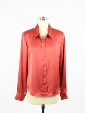 Aritzia WILFRED Rizzo Sienna Red Satin Button-Up Blouse Shirt, Size M